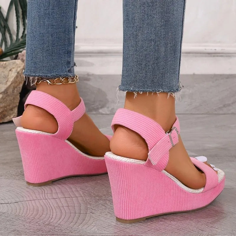 2026 New Platform Wedge Sandals Solid Color Round Headed Square BuckleHigh-heeled Sandals