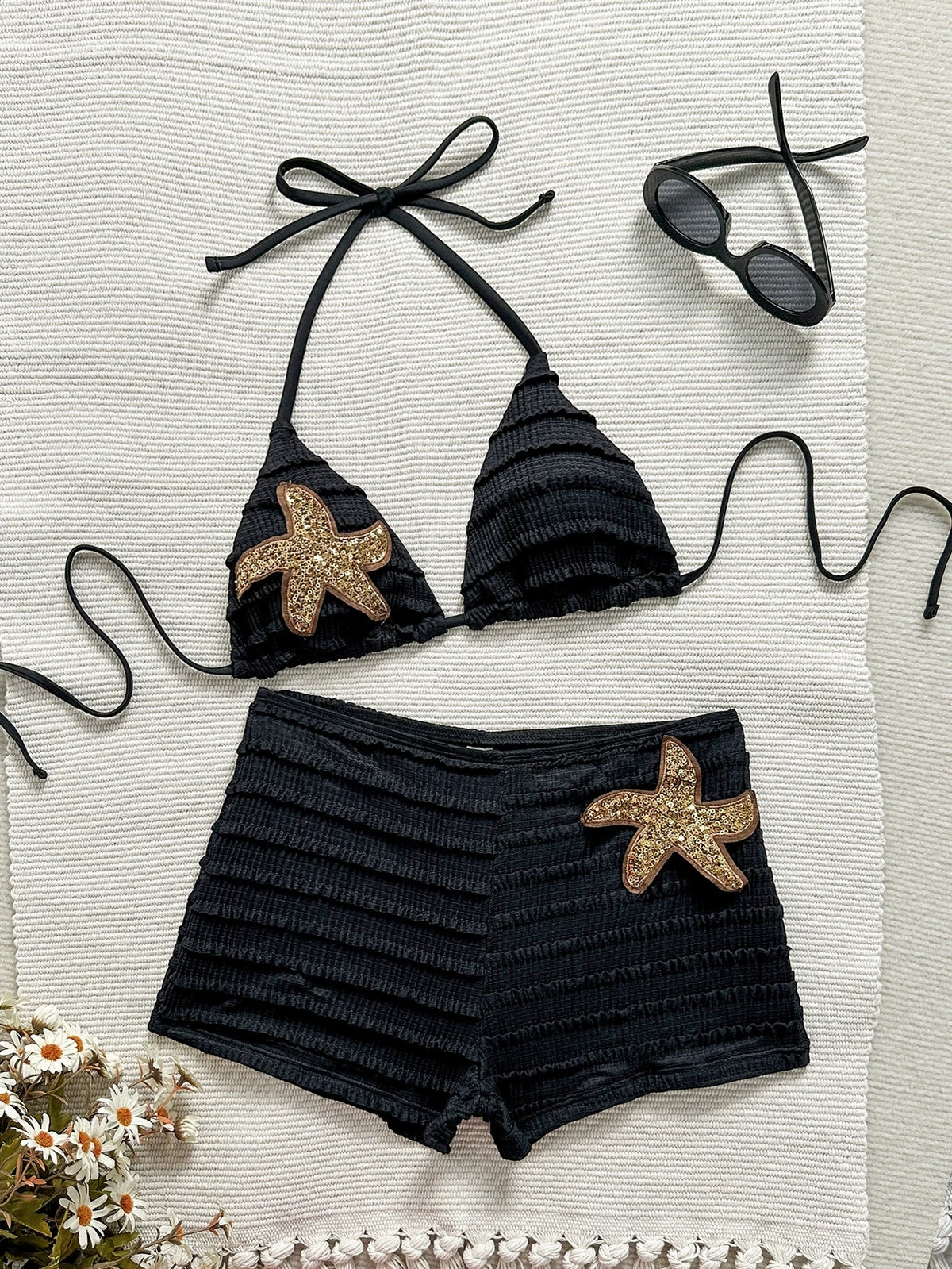 DEKA New Starfish Halter High Waist Bikini Set Female Yellow Sequin Swimsuit Women Swimwear 2 Piece Bikini Shorts Bather Bathing