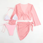 Women Pink Micro Mini String Bikini Sets 4 Pieces with Mesh Cover Tops and Skirt Swimsuit Bathing Suit Beach Outfits Biquini