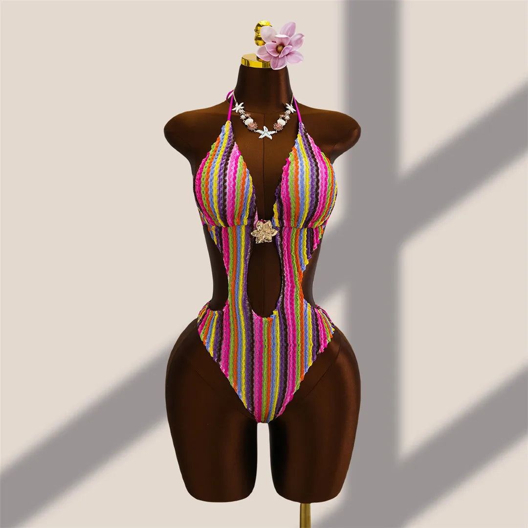 Striped Colorful Halter Cut Out One Piece Swimsuit Women Swimwear Female Monokini High Leg Cut Bather Bathing Suit Swim V8304
