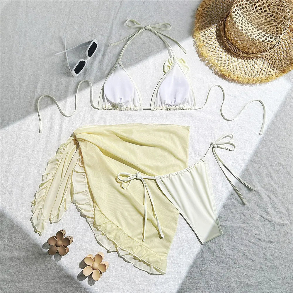 Sexy 3D Flower String Halter Bikinis 2025 Women Swimsuit Cover Ups Lace-up Thong Swimwear Beach Wear Bather 3 Piece Bikini Set