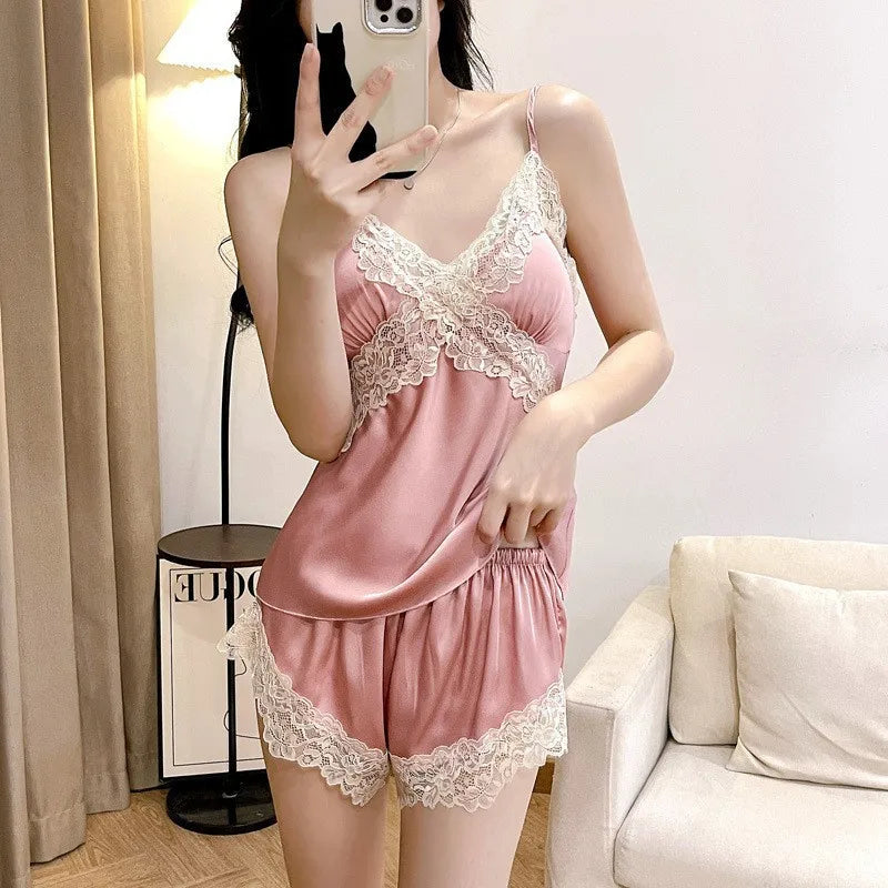 Women Lace Trim Pajama Set Sexy Cami Top and Shorts Sleepwear Loungewear Two Piece Set Home Clothes Nightwear Black Plus Size