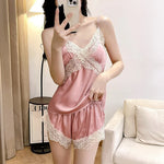 Women Lace Trim Pajama Set Sexy Cami Top and Shorts Sleepwear Loungewear Two Piece Set Home Clothes Nightwear Black Plus Size