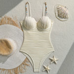 Vintage Blue Wave One Piece Swimwear Women 2026 Beading Strap Push Up Underwire Tummy Control Bathing Suit One Piece Swimsuit