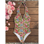 S - XL 2026 Flower Printed Floral V Neck Women Swimwear One Piece Swimsuit Female Halter Monokini Bather Bathing Suit Swim V8221