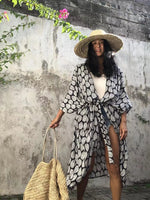 2024 New Summer Sexy Beach Kimono Swimwear Cotton Cover Up Swimsuit Women Print Bikini Cover Up Beachwear Dress Robe