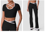 Summer Quick Drying Yoga Sets Women Black Patchwork Short Sleeve Cross Neck Sports Top High Waist Flared Pants Fitness Suits