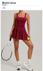 New Large Backless Tennis Dresses Women Solid Color Sleeveless Glare Pleated Yoga Skirt with Pocket Shorts Running Fitness Dress