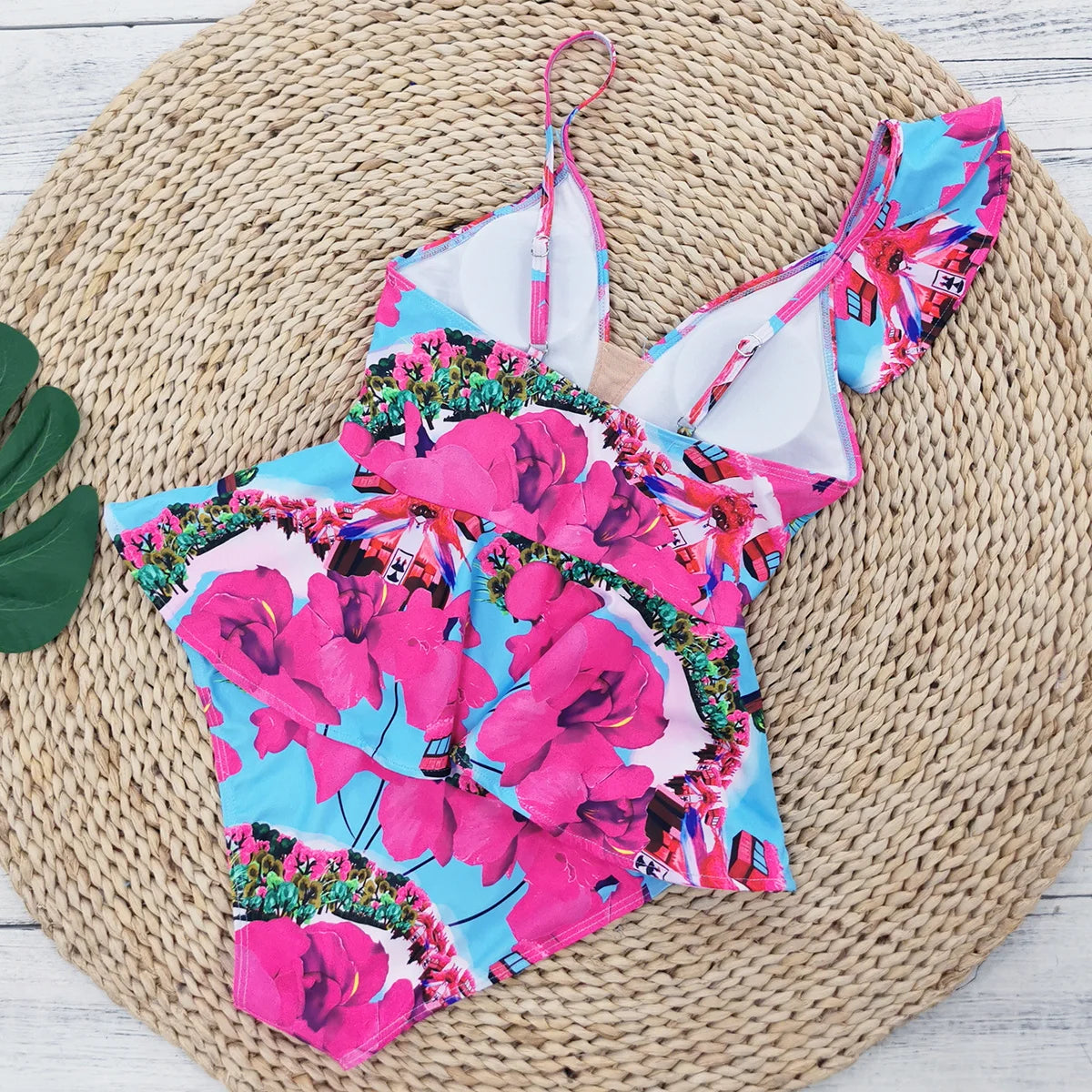 Sexy Ruffle Shoulder Swimsuit V-Neck Swimwear Women Backless Push Up Bathing SuitBeach Wear 2024 Female Swimming Suit