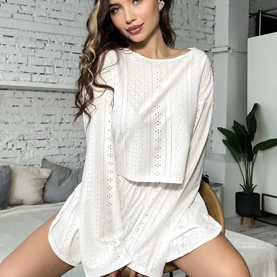 Womens Pointelle Knit Loungewear Set Casual Hollow Out Long Sleeve Crop Top and Shorts Two Piece Outfits Y2K Summer Homewear New