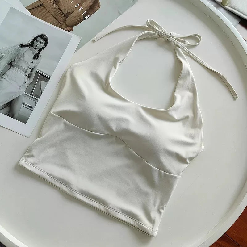 Women's Halter Neck Sports Bra Vest Slimming Tube Top for Yoga Gym Running Beautiful Back Sling Design One Cup Gathered Summer F