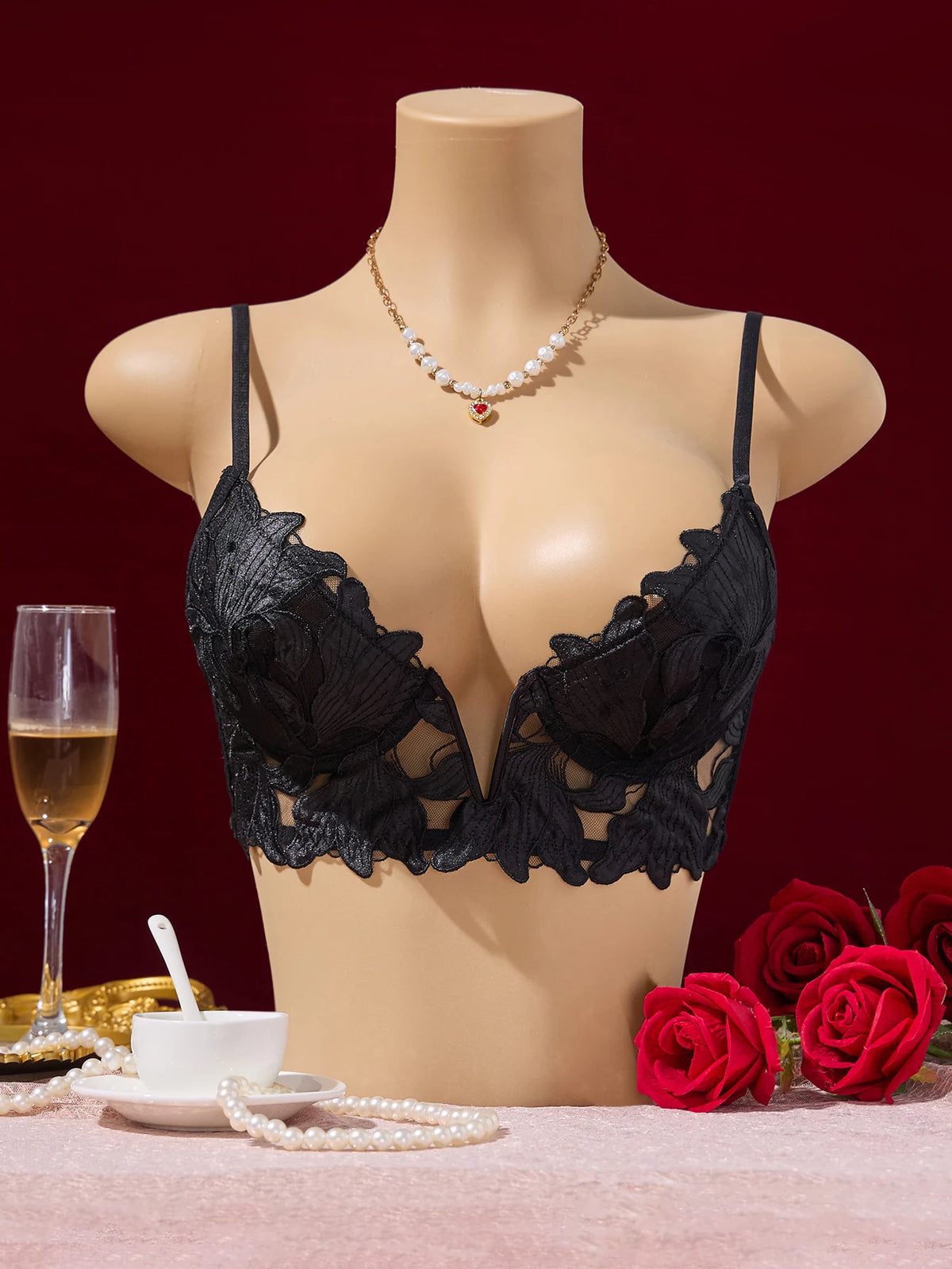 Floral Pattern Valentine's Day Sexy Elegant V-Neck Underwear Single Piece Designed Specifically for Ladies