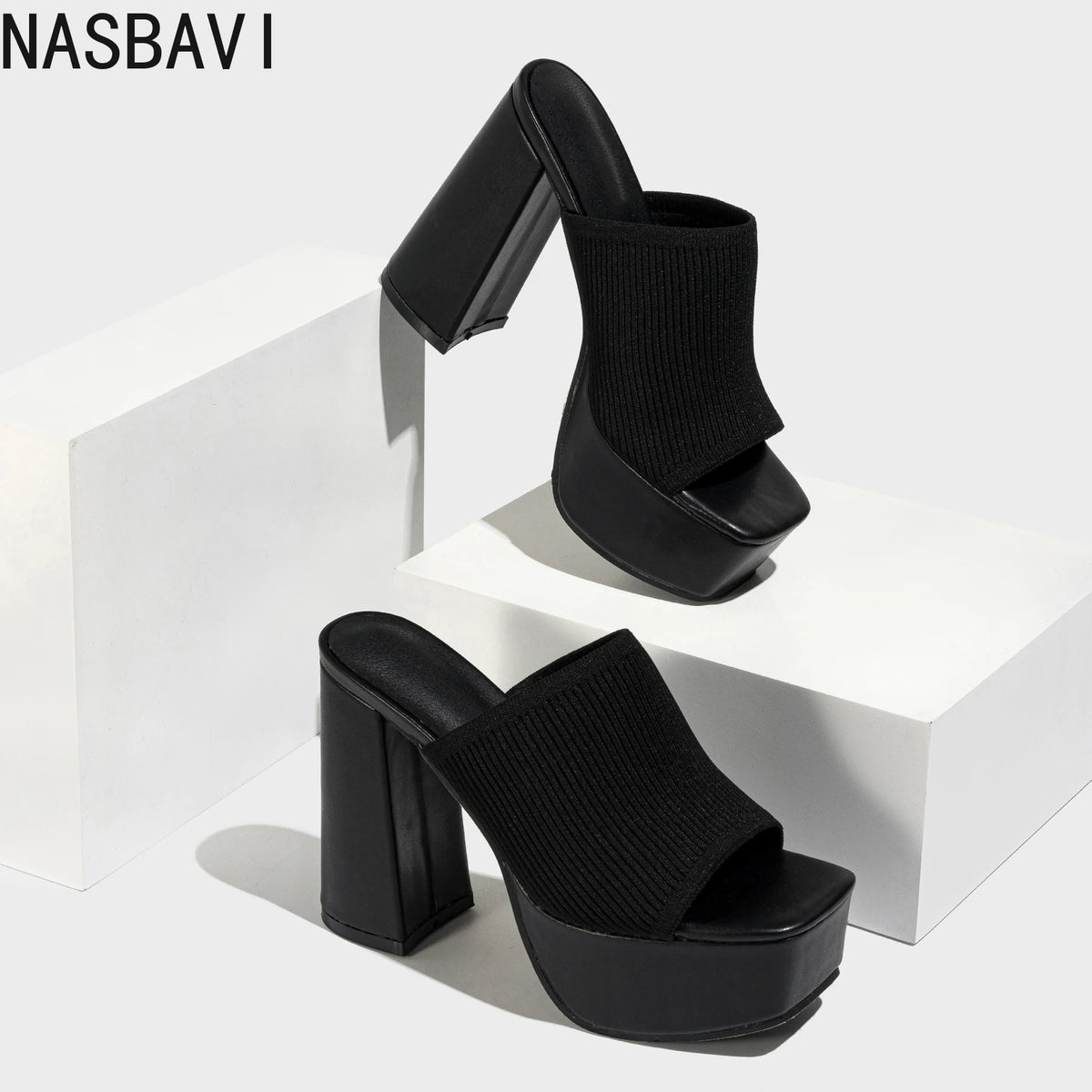 NASBAVI Summer Knitting Yarn Pleated Platform Rome Shallow Thick Bottom Peep Toe Thin Heels Women Sandals Slip-On Party Shoes