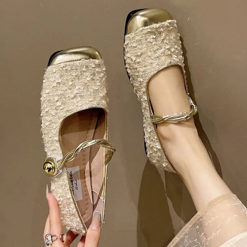 Elegant Solid Color Bling Mary Janes Shoes Women Spring Autumn Buckle Strap Party Flats Woman Shallow Square Top Shoes Lady