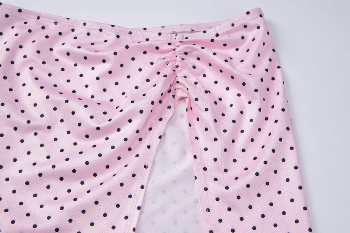 FDYOUI Women's Polka Dot Print Pink Swimsuit Lace-up Bras Panties Split Skirts 3 Pieces Bikinis Sets Bathing Suit Beach Swimwear