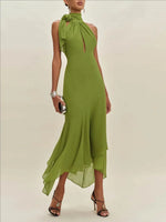 Temperament Halter Neck Long Dresses Women Green Backless Leace-up Irregular Package Hip Party Dress Elegant Banquet Vestidos