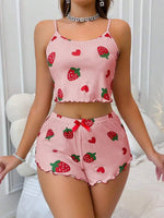 Summer Strawberry Print 2PCS Pajama Set Women's Casual Sleepwear Suspender Crop Tops and Shorts Comfortable Home Wear