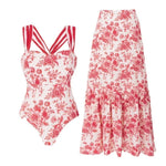 2Pc Striped One Piece Swimsuit 2025 Sexy Bandeau Push up Bikini with Bow Tie Female Swimwear Cover up Beachwear for Women