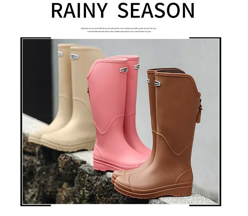 Women's Rain Boots Anti Slip Thick Soles Outdoor Long Tube Rain Boots Waterproof Fashion Wear-resistant Kitchen Women's Boots