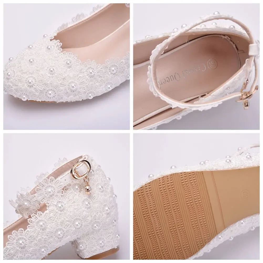 Women 3CM High Heels White Lace Pearl Wedding Shoes Sexy Bride PartyPointed Toe Shallow Mouth Pumps Shoe BridesmaidPink
