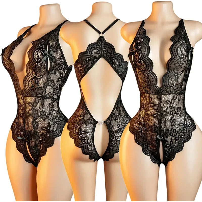 One-piece Crotchless Bodysuits Sexy Lingerie Women Exotic Costumes Sleeveless Deep V TransparentBabydollbackless Bodysuit