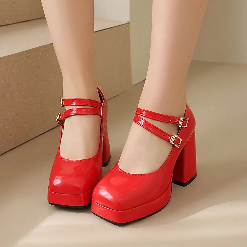 Women Silver Metallic Platform Mary Jane Shoes Double Rhinestone Buckle Chunky Block High Heels Y2K Vintage Square Toe Pumps