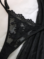 Black Daisy Floral Lace Sheer Mesh Babydoll Lingerie Set Slip Nightdress With Matching Thong Women Sexy Sleepwear ZA825096