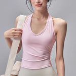 Women's Summer V-Neck Yoga Sports Vest Hanging Back Neck Design Outdoor Running Training Gathered Fit Top for Active Wear
