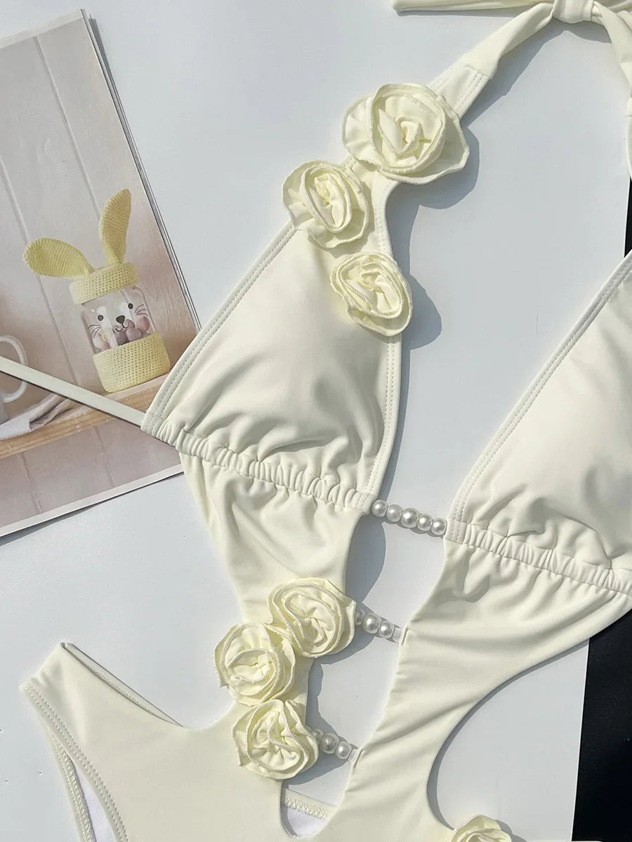 3D Flowers Deep V Neck Halter Women Backless Swimwear One Piece Swimsuit Female High Cut Monokini Bather Bathing Suit Swim Lady