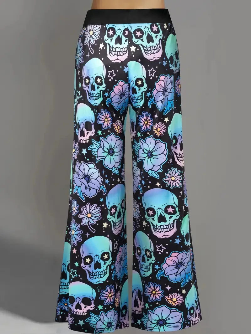 Hallowmas Skull Flower Print Pants Woman 2025 Plus Size Elastic Waist Wide Leg Pant Casual Large Full-length Trousers