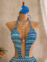 Bohemia Pink Knitted Striped Swimwear 2026 Women Metal Circle Patchwork Hollow Backless Beach Bathing Suit One Piece Swimsuit