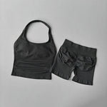 2PCS Seamless Halter Neck Yoga Set Push up Sports Bra And High Waist Butt Lift Fitness Shorts Tummy Control Fitness Wear