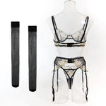 Toucheart Erotic LingerieNew Butterfly Embroidered Mesh See-through Sexy Contrastingerotic Lingerie Four-piece Setwith Stockings