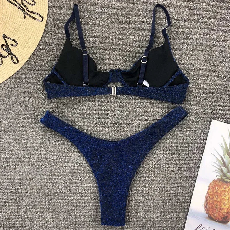 Glitter Shiny Underwired V-Bar Bikini Women Swimsuit Female Brazilian Swimwear Two-piece Bikini Set Triangle Bathing Suit Swim