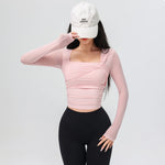 Women Square Neck Mesh Long Sleeve Crop Yoga Top Twisted Front Ruched Slim Breathable Workout Sports Shirt
