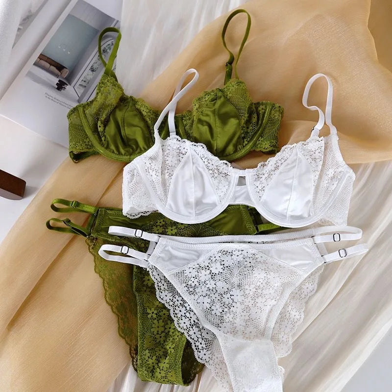 French Sexy Lingerie Ultra-thin Satin Lace Lingerie Set Anti Sagging Bra Half Cup Ultra-thin Lace Gather Anti-sagging Bra Set