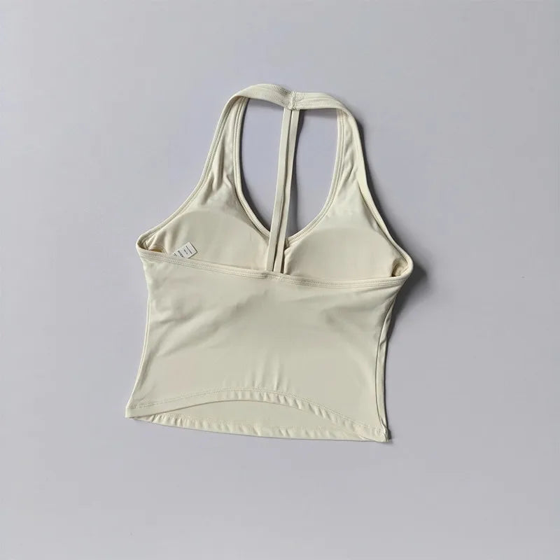 Women's Summer V-Neck Yoga Sports Vest Hanging Back Neck Design Outdoor Running Training Gathered Fit Active Wear Top