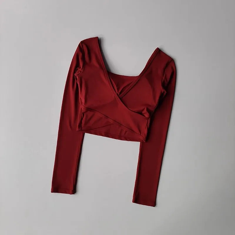 Women's Long Sleeve Yoga Top Cross Back Fitness Exercise Suit Fixed Chest Cushion Comfortable Sports Bra Top