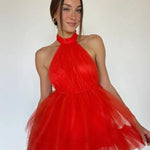 Solid Color Mesh Halter Neck Dresses Women Sexy Backless Leace-up Sleeveless Mini Dress Trendy Elegant Lady Vestidos Summer New