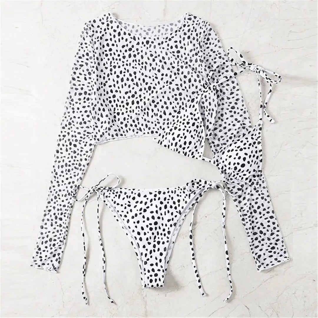 S- XXL Leopard Printed Long Sleeve Bikini Women Swimwear Female Swimsuit Three-piece Bikini set Bather Bathing Suit Swim V3193SW