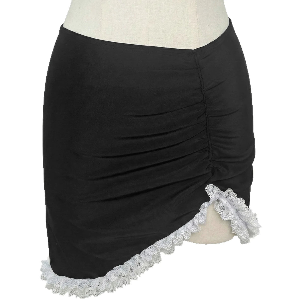 Women Swim Skirt Asymmetrical White Lace Trim Ruched Front Solid Bikini Cover Up Skirt For Summer Vacation Pool Party Beachwear