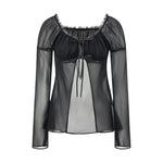 Spring Summer Women Solid Color Split Tie Front Tops See Through Frill Trim Square Neck Long Puff Sleeve Mesh Shirts