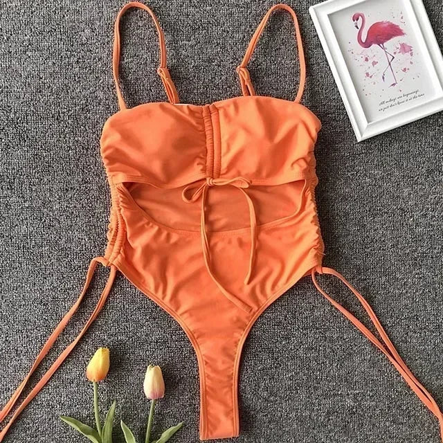 Splicing High Cut Out One Piece Swimsuit Women Tassel Swimwear Female Sexy Bathing Suit String Leopard Bikini 2025 Monokini Lady