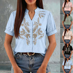 Women Floral Embroidery Puff Short Sleeve T Shirt Stand Collar V Neck Button Down Loose Solid Tees Summer Boho Casual Office Top