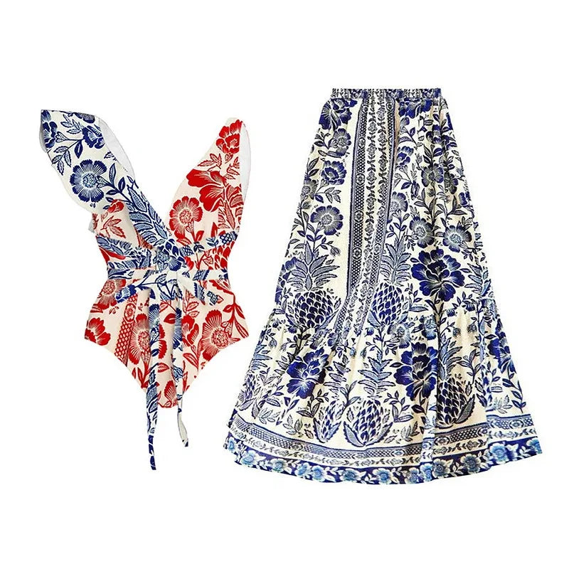 2 Pieces Retro Printed Swimsuit With Cover Up Sexy Women Swimwear 2025 V Neck Bikinis Female Biquini 3XL Bodysuit Beachwear