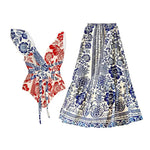 2 Pieces Retro Printed Swimsuit With Cover Up Sexy Women Swimwear 2025 V Neck Bikinis Female Biquini 3XL Bodysuit Beachwear