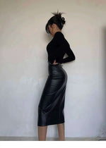Sexy One Step Split PU Leather Half Skirt For Women's New High Waisted Slim Streetwear Black PU Fashion Womne Mini DressYTM8