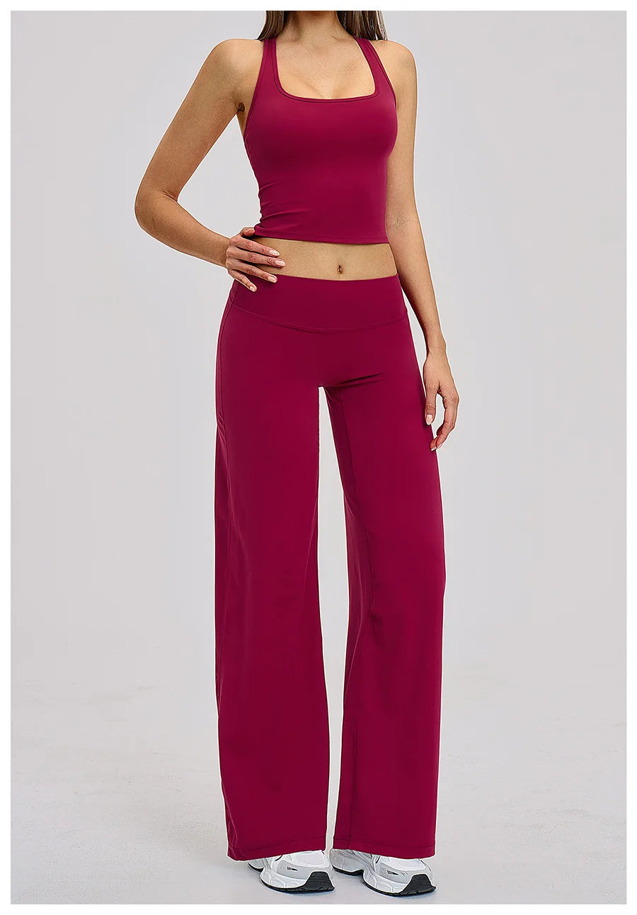 2 Piece Yoga Clothes Women Tracksuit Athletic Wear Pilates Fitness Suit Gym Workout Sets Push Up Sports Vest Wide Leg Pant Suit