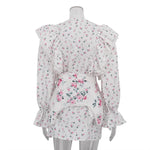 FDYOUI Women's O-neck Single Breasted Ruffles Floral Dress with Corset Ladies Chic Long Sleeve Tunics Shirts Dresses High Street