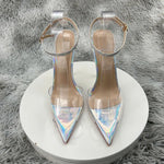 Clear PVC Patchwork SandalsNewest Transparent Straps Stiletto Heel Sandals Sexy Laser silver High Heels Wedding Shoes12cm
